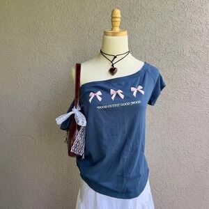 Abercrombie & Fitch Off The Shoulder Shirt Bow "Good Outfit Good Mood" Fits M